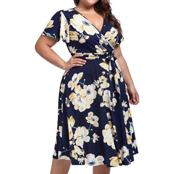 Plus Size Midi Dress Floral V Neck Pockets Sleeves Summer Casual Elegant - Picture 4 of 6